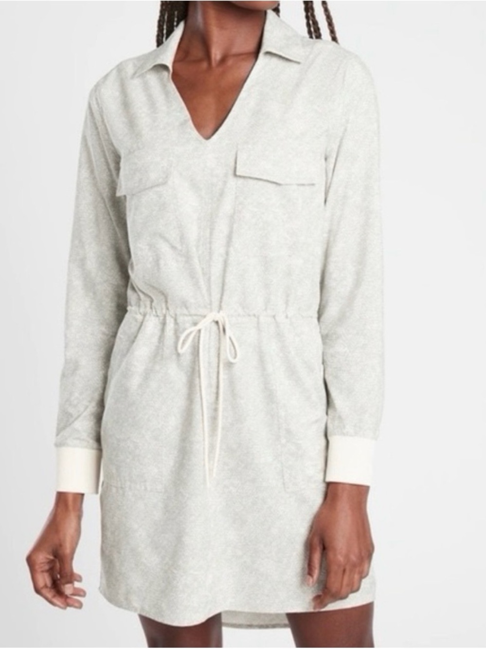 Athleta Zuma Print Shirt Dress S Neutral Abstract Drawstring Pockets